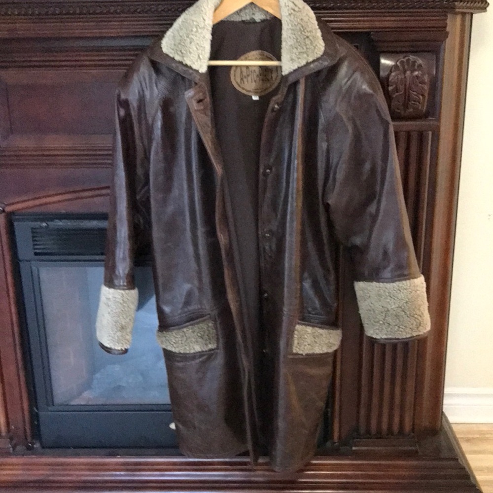 Womens Brown Leather Shearling Trim Coat